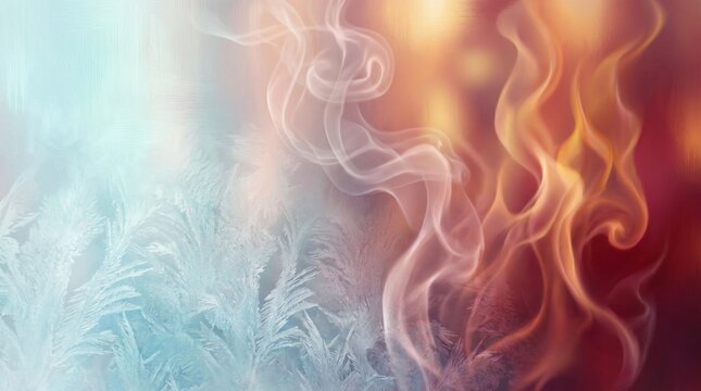 Ethereal frost crystals melting into warm rising flames with soft glowing light in abstract elemental transition background