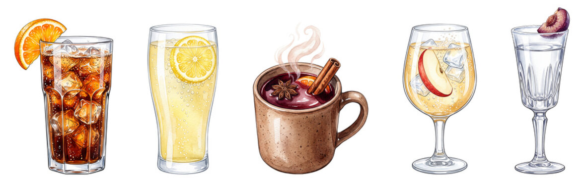 watercolor Oktoberfest drinks set illustration with cola mix Radler Gluhwein apple spritzer and plum schnapps isolated on transparent background