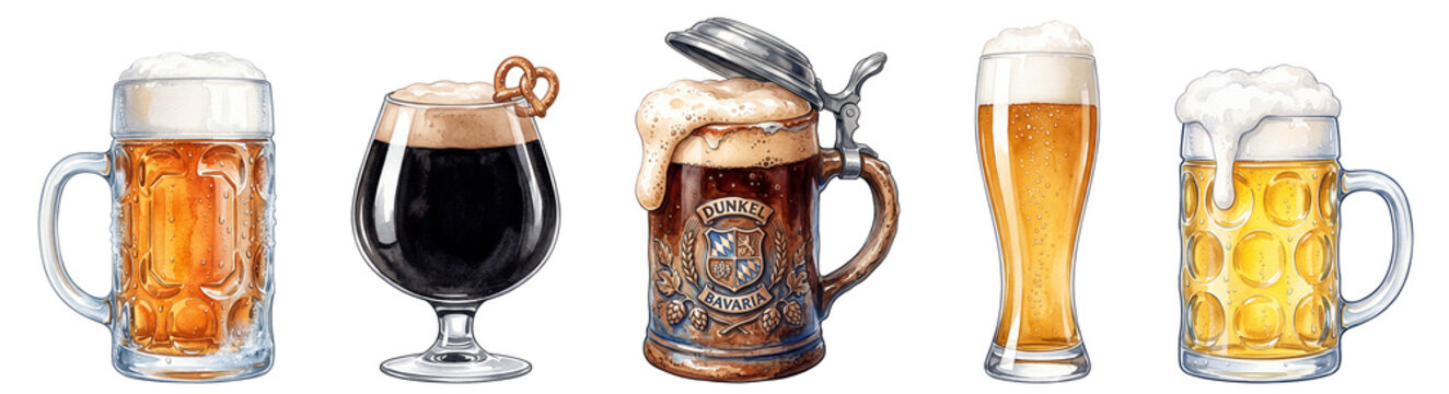 watercolor Oktoberfest beer set illustration with dimpled masskrug dark stout lidded stein wheat beer glass isolated on transparent background