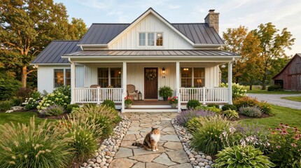 Fototapeta premium A charming white farmhouse with a front porch and a cat sitting on the stone walkway