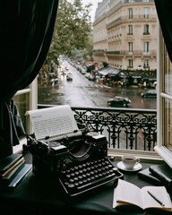 Obraz premium Vintage typewriter with open window overlooking rainy paris street