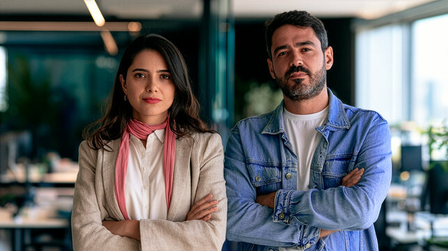 Confident Brazilian Business man and Woman in Modern Office for Pink October and Blue November Awareness Campaign