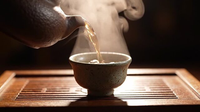 Traditional tea being poured into a ceramic cup on a wooden tray, progressing from preparation to a steaming finished serving in a calm ritual
