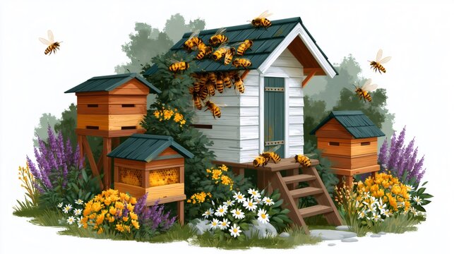 Bees swarming around beehives in blooming apiary garden