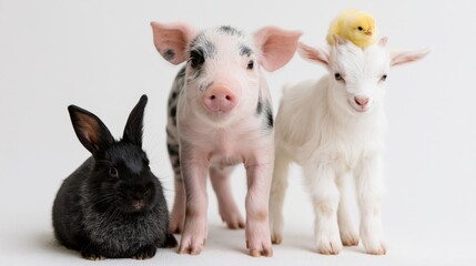 Fototapeta premium The Trio of Farmyard Baby Animals: A Black Rabbit, Piglet, and White Goat Kid
