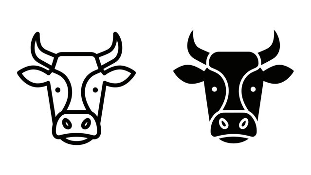 Farm animal cow head symbol silhouette and line art icon set isolated on white