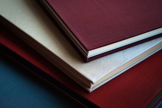 Textured hardcover notebooks stacked in layered composition with fabric covers for elegant study desk background and planner layout