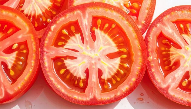 Juicy red tomato slices in a macro closeup, highlighting fresh seeds and vibrant texture. Perfect for food, diet, and healthy cooking concepts. Bright light, no people.