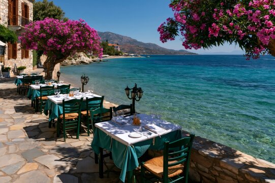 Waterfront restaurant tables offering mediterranean sea views in greece