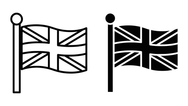 United Kingdom flag on pole vector icon set in flat linear and silhouette style