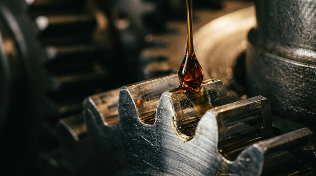Oil drip steel gear lubricant machine metal tooth industrial maintenance amber oil drip falling on steel gear tooth during machine lubrication close up with dark mechanical part