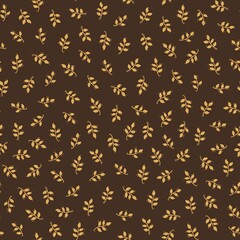 Golden botanical seamless pattern with simple leafy branches on dark brown background. Warm autumn design for textile, wallpaper and wrapping paper. © Olha