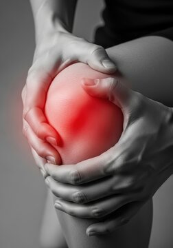 Close-up of Person Holding Painful Knee with Red Inflammation Glow, Concept of Joint Pain, Arthritis, and Sports Injury