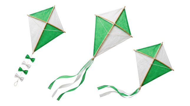 Green and white diamond kites set, three traditional flying kites with ribbons, classic outdoor toys on white background