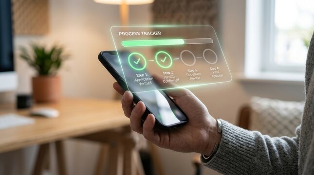 Person holding a smartphone displaying a holographic process tracker interface