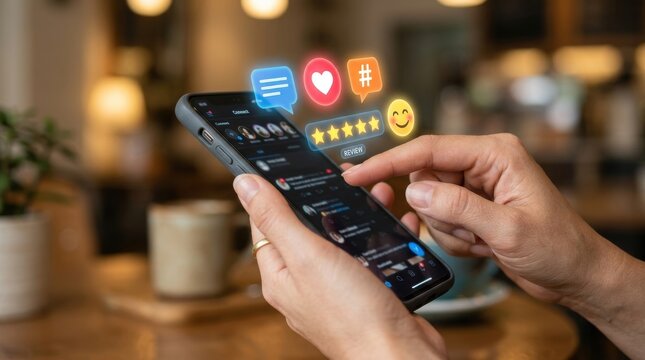 Person interacting with social media holographic icons on a smartphone