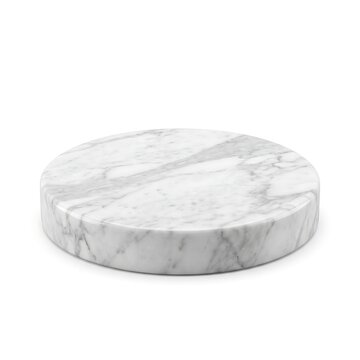 A single polished white marble circular platform with grey veining isolated on a white background
