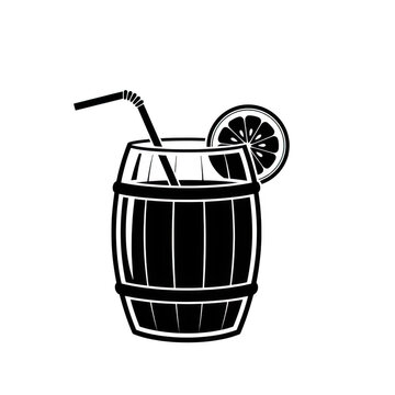 Barrel shaped glass with straw and orange slice isolated on transparent background