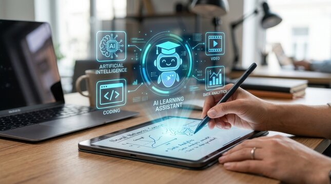 Student using ai learning assistant on tablet for data analysis and coding