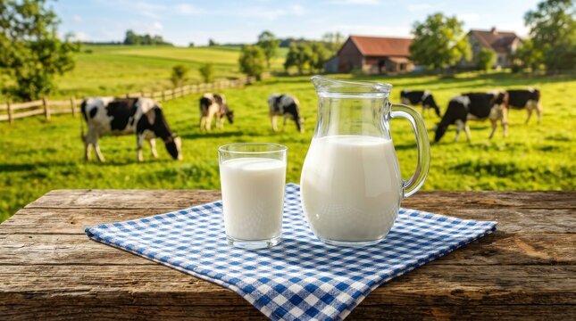 Fresh milk in a glass and pitcher on a rustic wooden table at a dairy farm