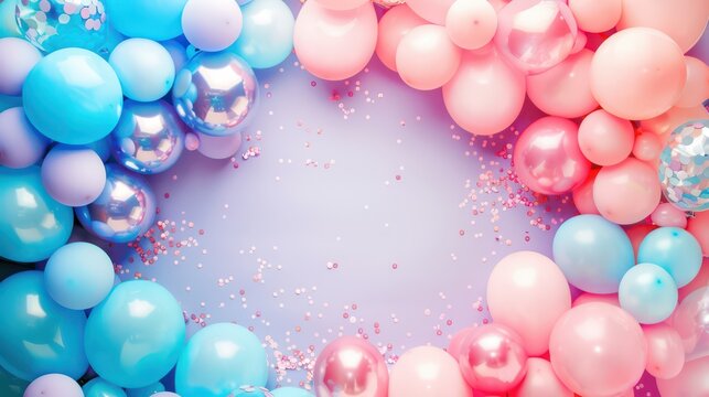 Quinceanera celebration with colorful balloons and pastel pink and blue decorations. Horizontal banner. Copy space. Free space for text