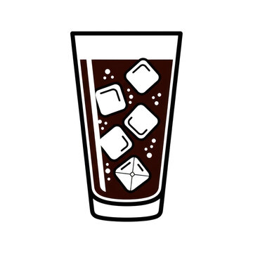 Tall glass filled with dark liquid and ice cubes isolated on transparent background