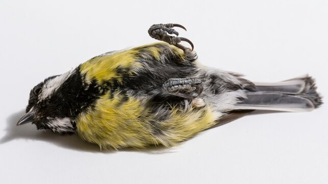 The dead great tit lying on its side in a studio setup