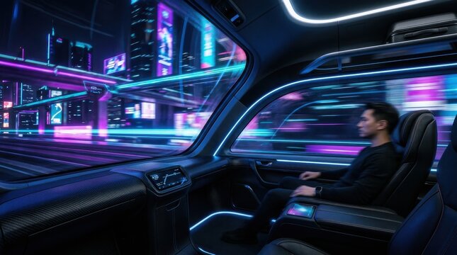 Futuristic autonomous vehicle interior at night