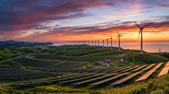 Solar panels and wind turbines in a coastal landscape at sunset