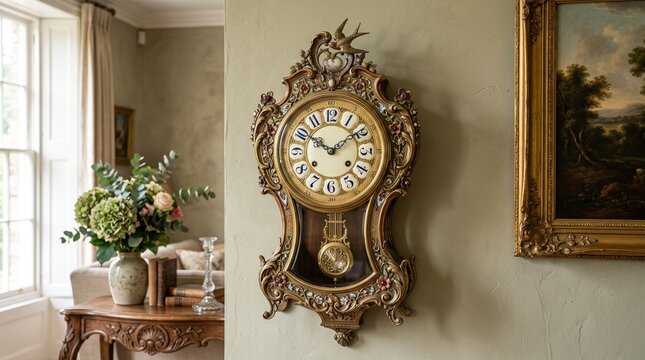 Ornate antique wall clock with gold frame in a classic luxury living room interior design