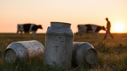 Obraz premium The Weathered Milk Can in a Sunset Field With Cattle and Silhouettes