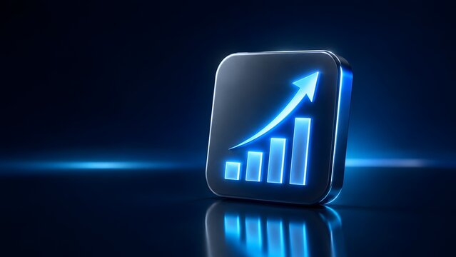 Glowing blue 3D metallic icon featuring a rising financial bar chart and arrow for business growth.