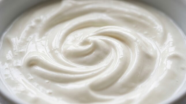 Swirl of creamy white yogurt or sour cream in a bowl