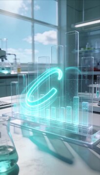 Fintech data visualization hologram chart laboratory analysis technology finance dashboard. futuristic glowing hologram bar chart laboratory desk with scientific glassware and daylight window