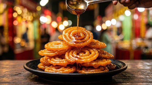 Closeup of golden jalebi being drizzled with syrup