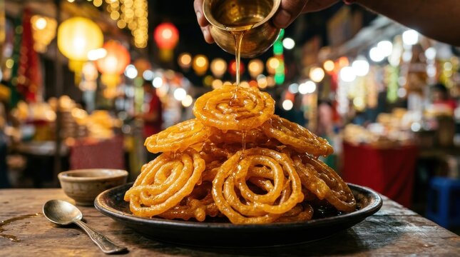 Traditional indian jalebi dessert being served