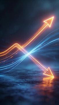 Fintech data visualization abstract arrow chart with light trail graph, neon glowing network technology analytics showing growth decline and trend insights in modern data dashboard style
