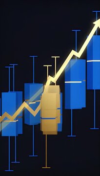 Fintech data visualization candlestick chart with arrow showing upward trend, abstract financial graph on dark background for stock trading investment growth analysis and market dashboard design