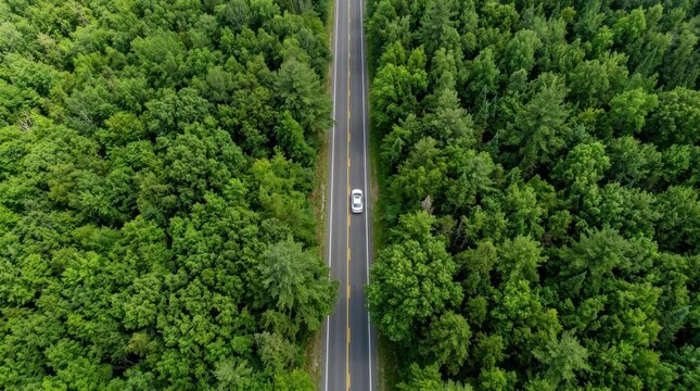 Aerial view of a white car driving on a straight road through a dense forest