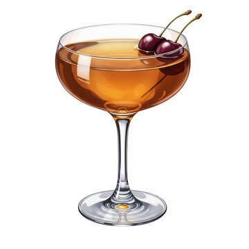 Coupe cocktail with cherries isolated on transparent background