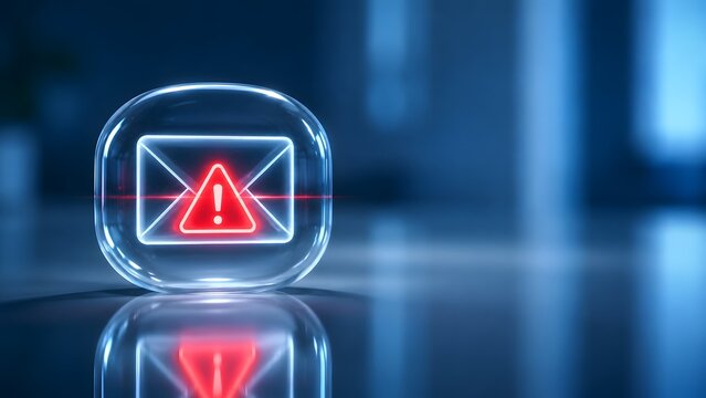 Futuristic glowing red email warning notification with exclamation mark inside a glass shield on a desk.