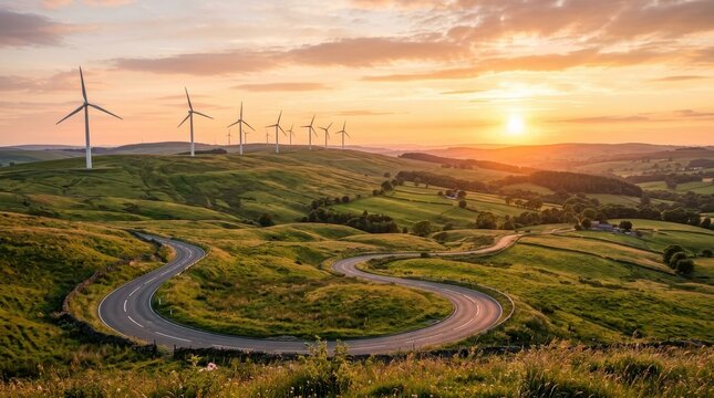 Wind turbines on rolling green hills at sunset