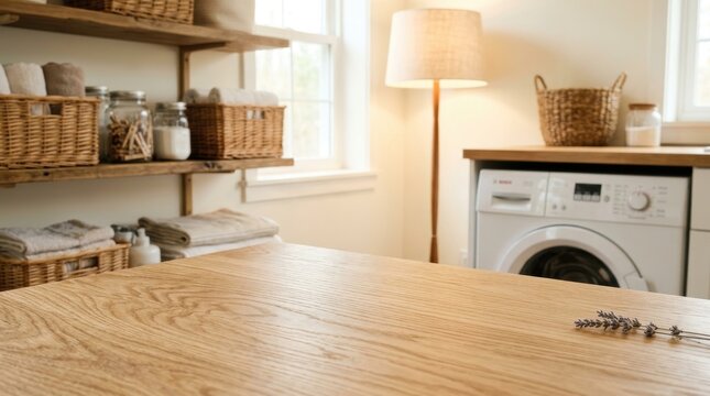 Laundry room interior with a wooden table and washing machine