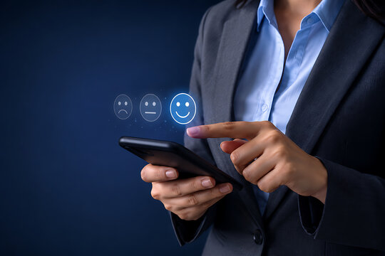 A businesswoman selects positive happy smiley face icon on smartphone screen for customer satisfaction review rating and feedback evaluation process dark background