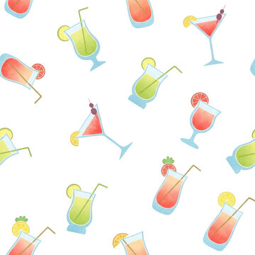 Seamless pattern of various colorful cocktails isolated on transparent background