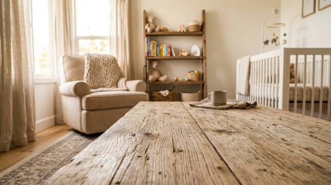 Rustic wooden coffee table in a cozy nursery room