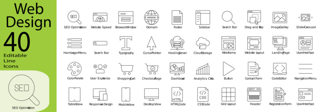 Web Design icon set. Editable stroke.