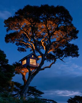 Treehouse illuminated by warm light at twilight