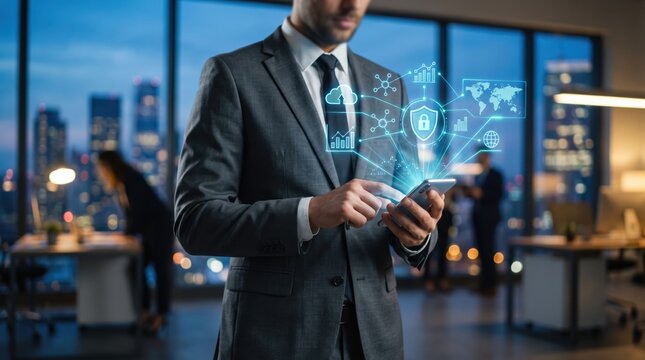 Business executive interacting with holographic security icons from smartphone in modern office, representing cybersecurity solutions and global network protection for enterprise