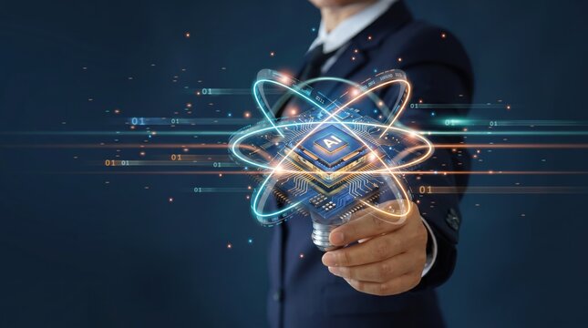 Hand holding futuristic AI chip with atomic orbitals and binary code, illustrating artificial intelligence breakthroughs and quantum computing advancements for next generation